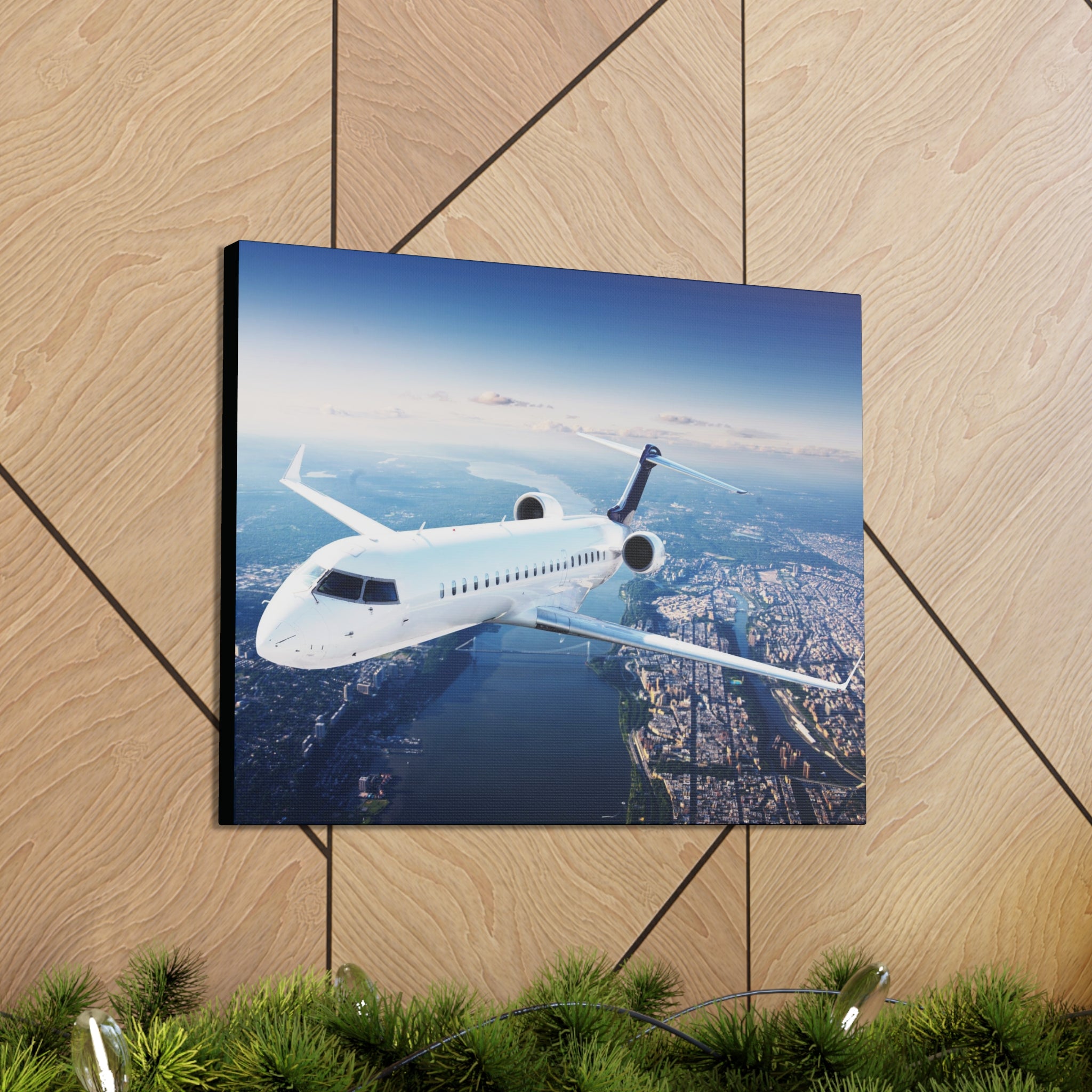 Airplane Cruising Over City Canvas Gallery Wrap