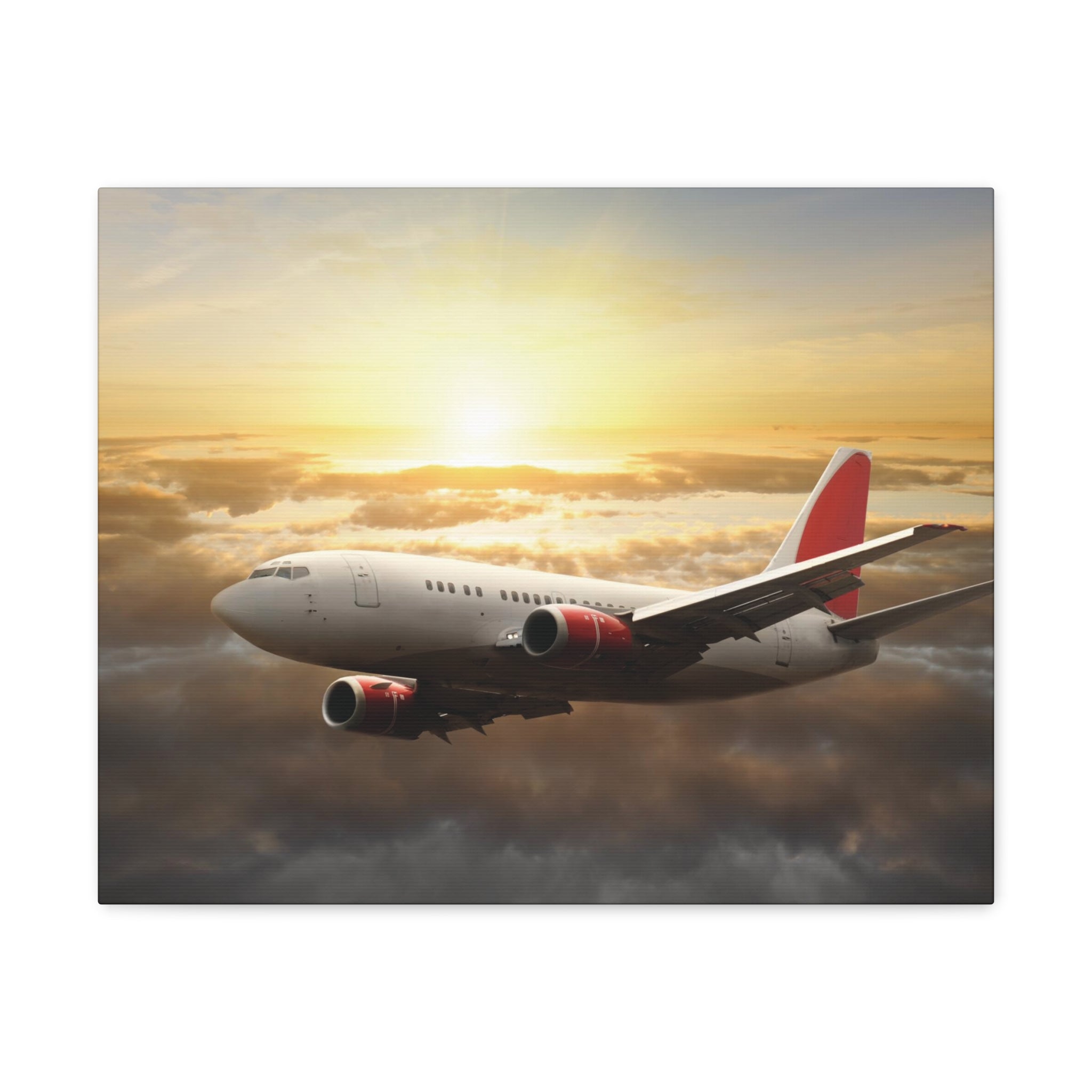 Commercial Jet Above Clouds at Sunset Canvas Gallery Wrap
