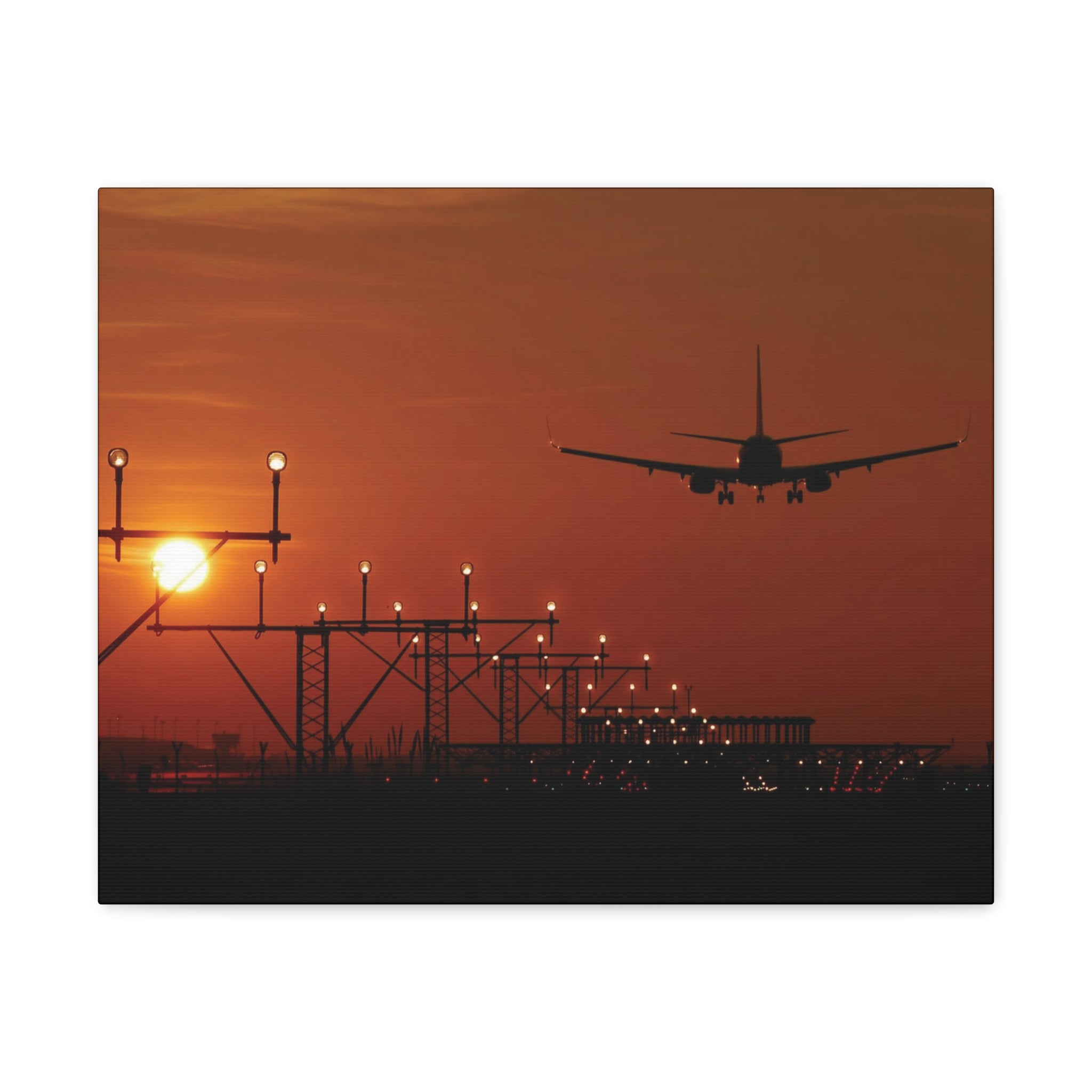 Airplane Sunset Landing Canvas Gallery Wrap