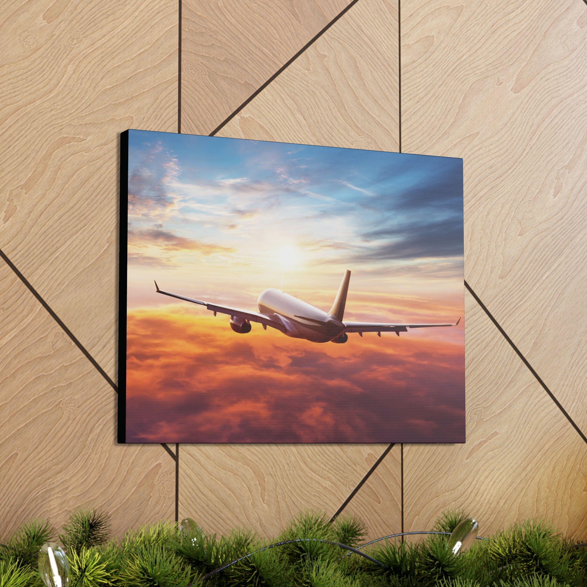 Jet Flying Over Clouds at Sunset Canvas Gallery Wrap