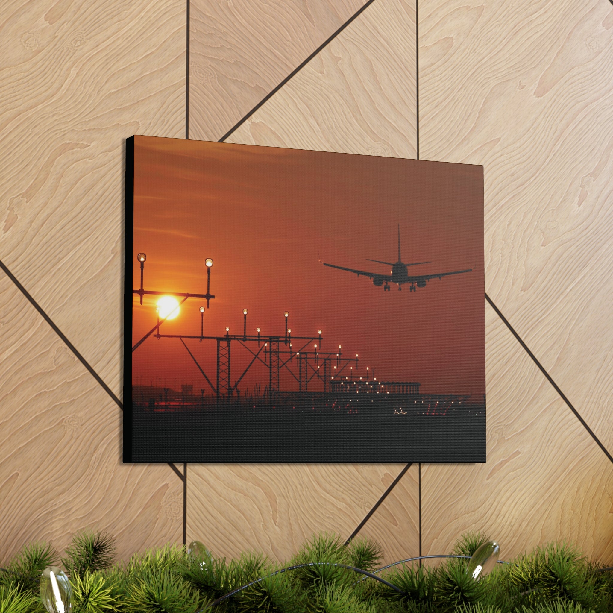 Airplane Sunset Landing Canvas Gallery Wrap